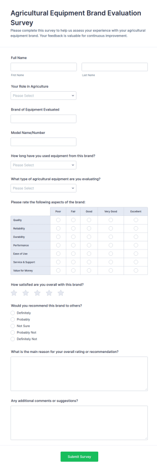 Agricultural Equipment Brand Evaluation Survey Form Template