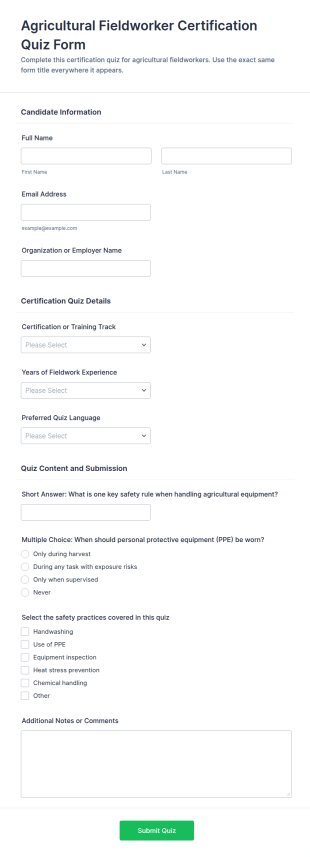Agricultural Fieldworker Certification Quiz Form Template