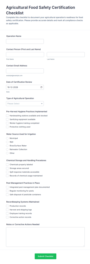 Agricultural Food Safety Certification Checklist Form Template