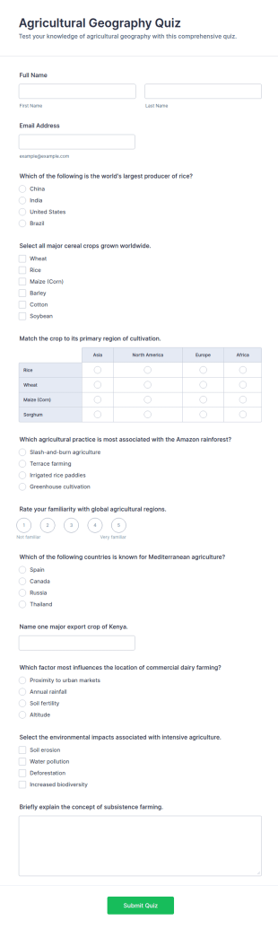 Agricultural Geography Quiz Form Template