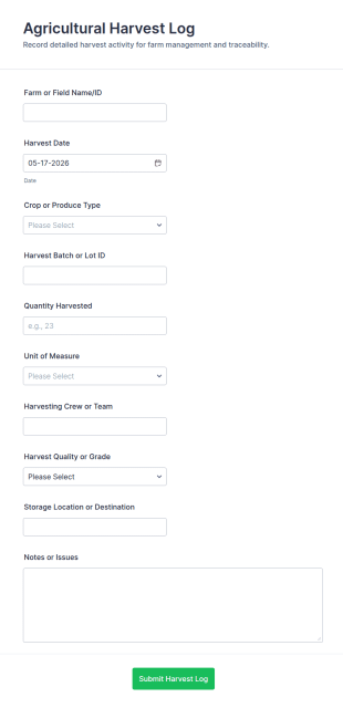 Agricultural Harvest Log Form Template
