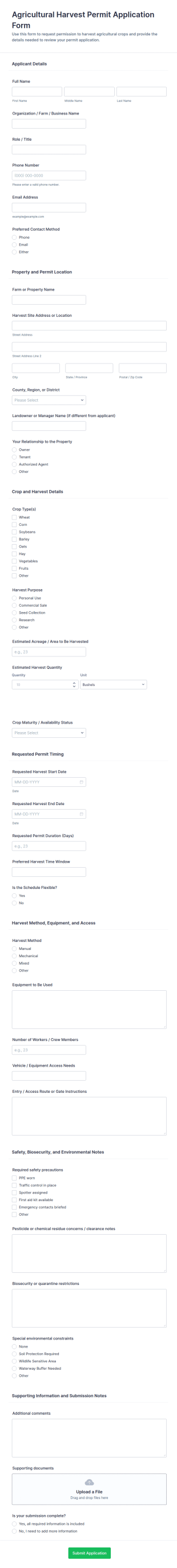 Agricultural Harvest Permit Application Form Template