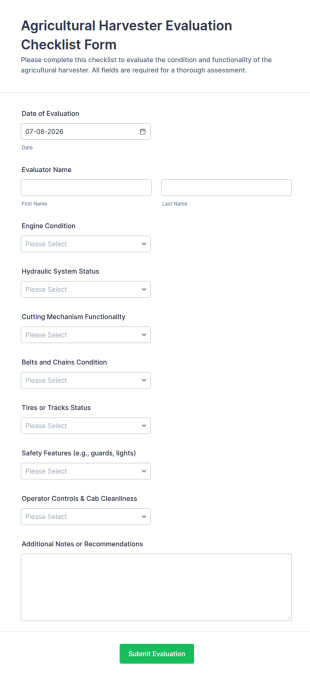 Agricultural Harvester Evaluation Checklist Form Template
