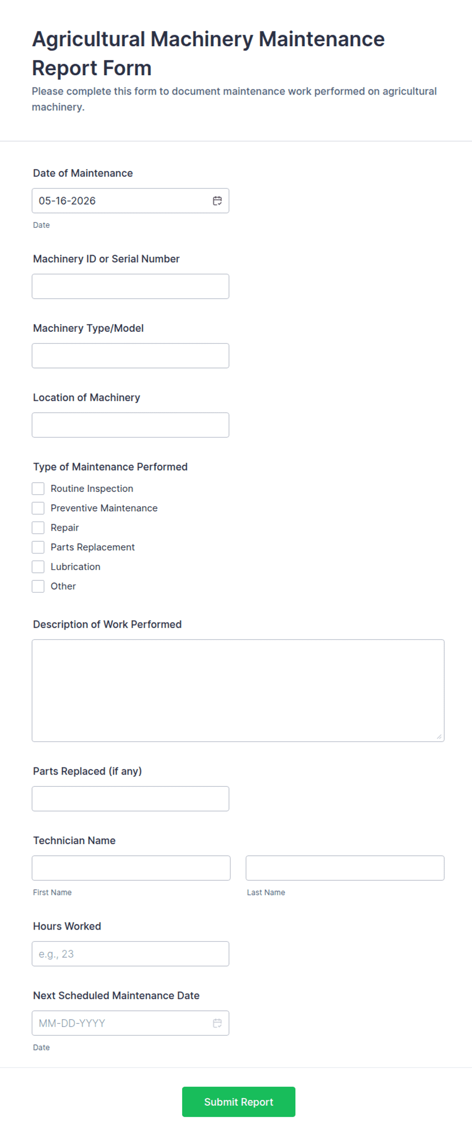 Agricultural Machinery Maintenance Report Form Template | Jotform