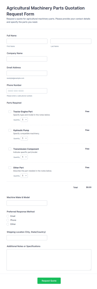 Agricultural Machinery Parts Quotation Request Form Template