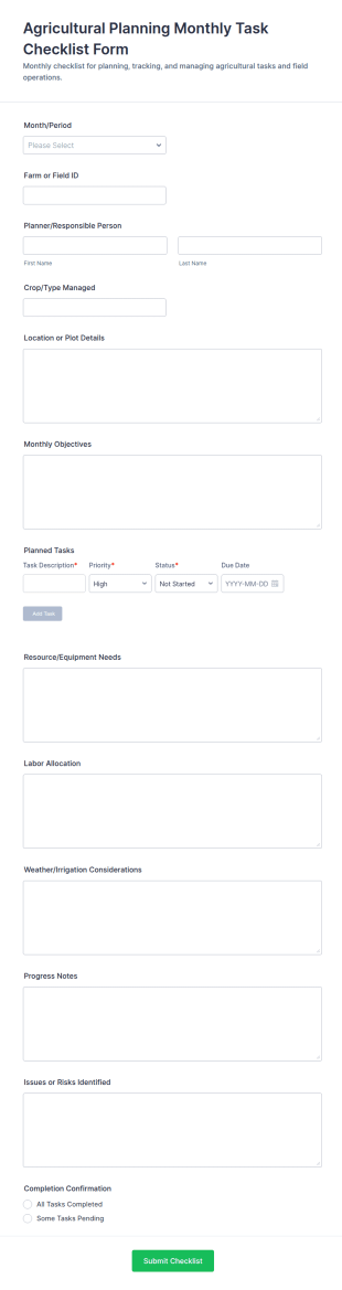 Agricultural Planning Monthly Task Checklist Form Template