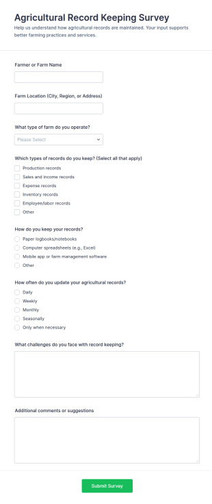 Agricultural Record Keeping Survey Form Template