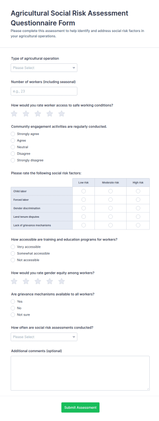 Agricultural Social Risk Assessment Questionnaire Form Template