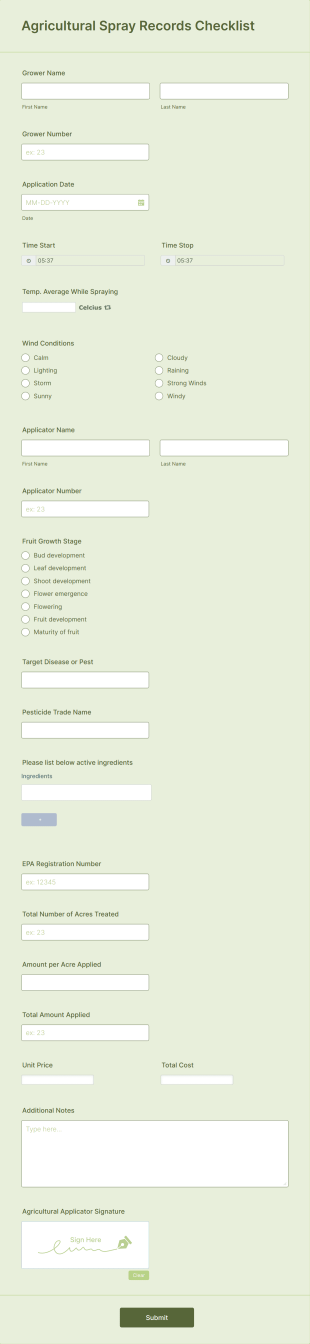 Agricultural Spray Records Checklist Form Template