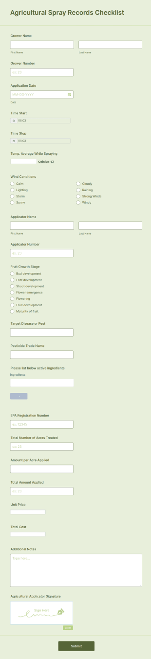Agricultural Spray Records Checklist Form Template