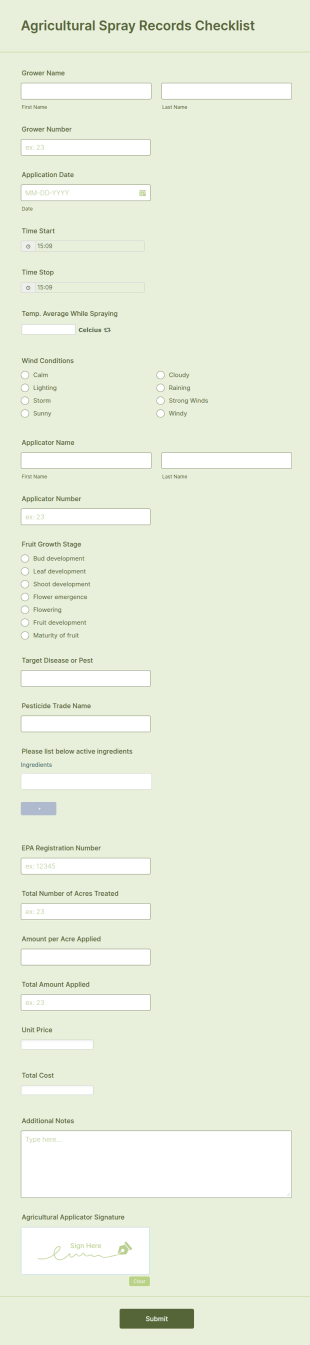 Agricultural Spray Records Checklist Form Template