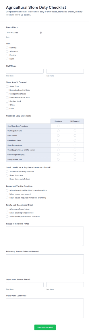 Agricultural Store Duty Checklist Form Template
