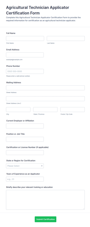 Agricultural Technician Applicator Certification Form Template