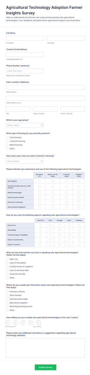 Agricultural Technology Adoption Farmer Insights Survey Form Template