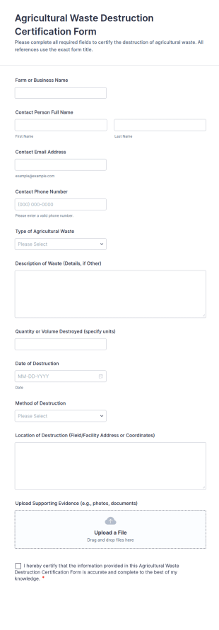 Agricultural Waste Destruction Certification Form Template