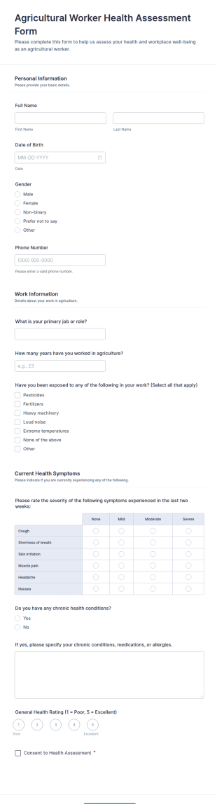 Agricultural Worker Health Assessment Form Template