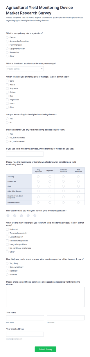 Agricultural Yield Monitoring Device Market Research Survey Form Template
