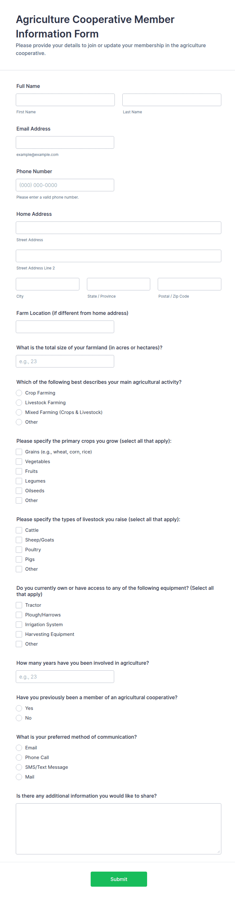 Agriculture Cooperative Member Information Form Template | Jotform