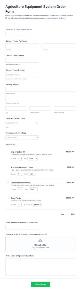 Agriculture Equipment System Order Form Template