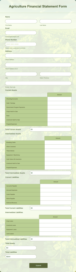 Agriculture Financial Statement Form Template