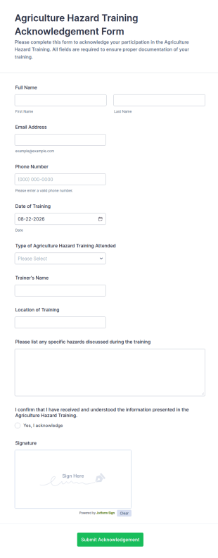 Agriculture Hazard Training Acknowledgement Form Template