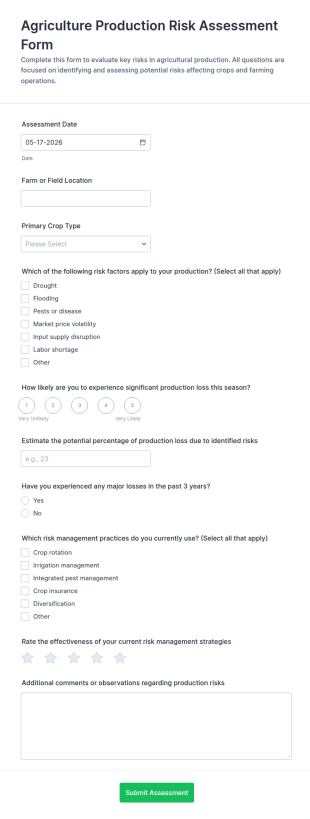 Agriculture Production Risk Assessment Form Template