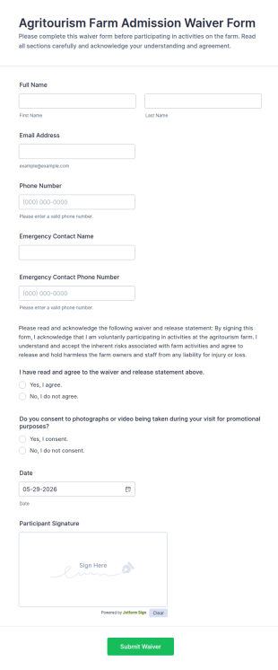 Agritourism Farm Admission Waiver Form Template
