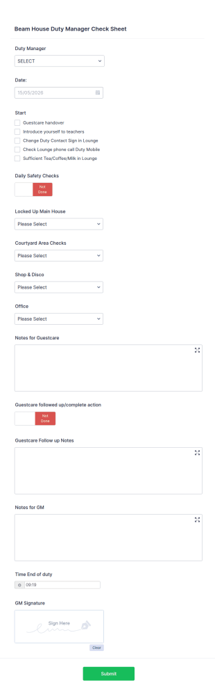 Duty Manager Daily Checklist Form Template