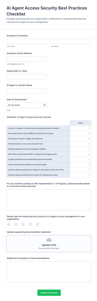 AI Agent Access Security Best Practices Checklist Form Template