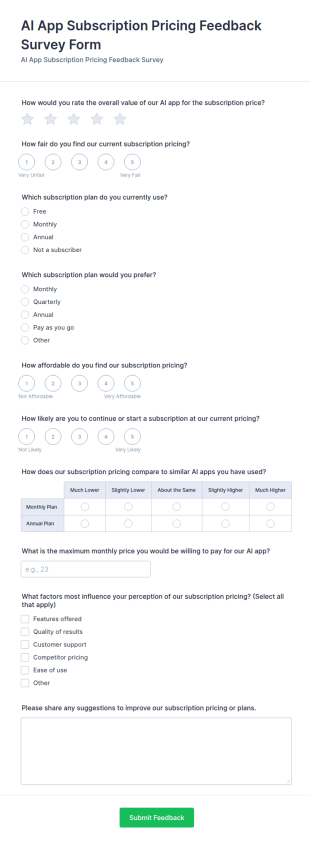 AI App Subscription Pricing Feedback Survey Form Template