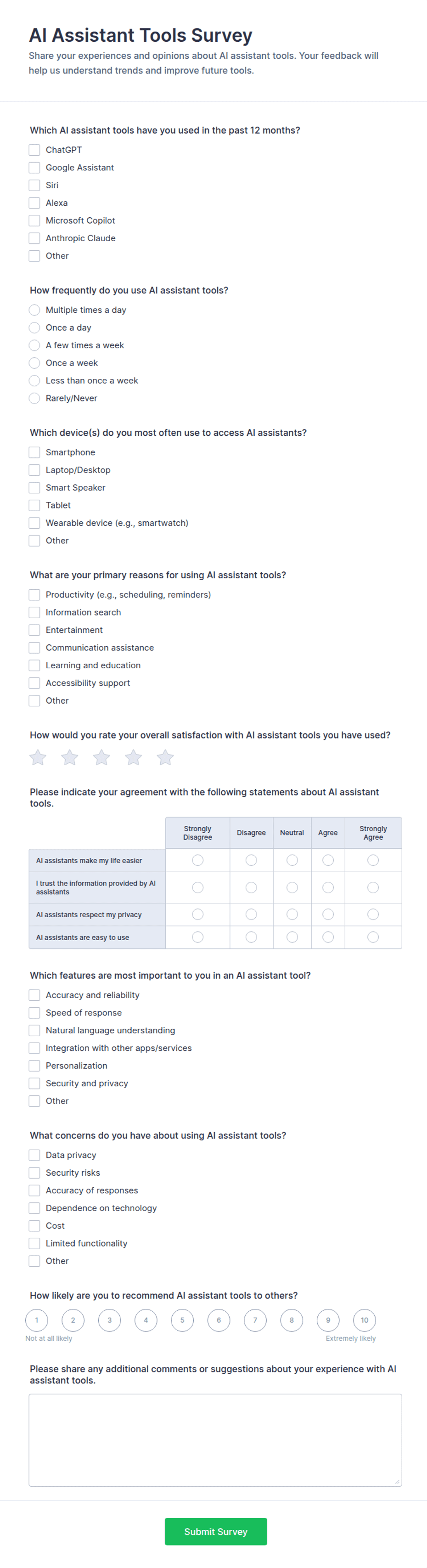 AI Assistant Tools Survey Form Template | Jotform