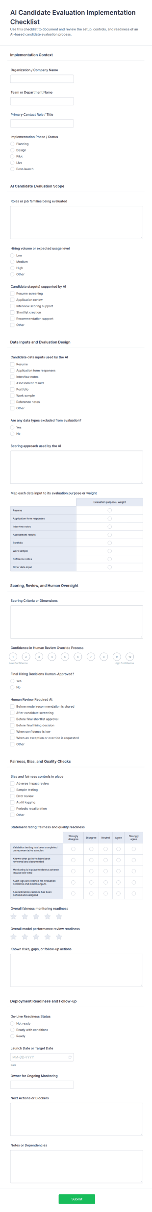 AI Candidate Evaluation Implementation Checklist Form Template