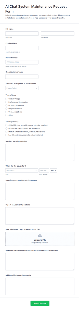 AI Chat System Maintenance Request Form Template