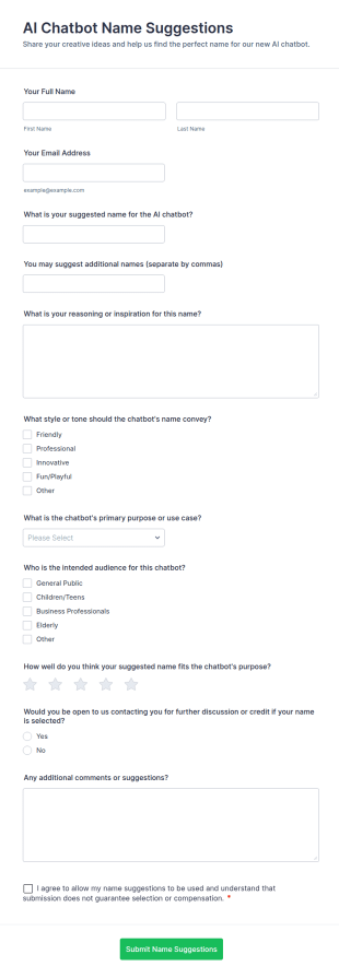 AI Chatbot Name Suggestions Form Template