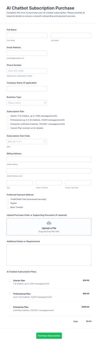 AI Chatbot Subscription Purchase Form Template