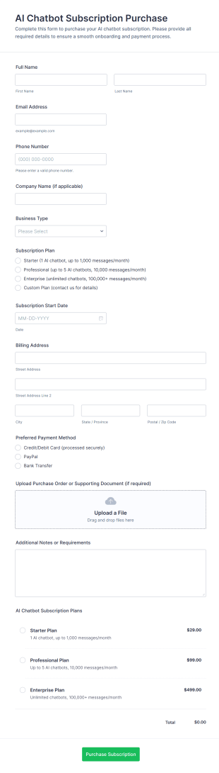AI Chatbot Subscription Purchase Form Template