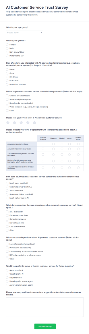 AI Customer Service Trust Survey Form Template