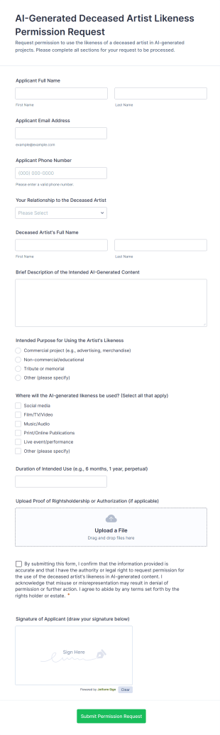 AI Generated Deceased Artist Likeness Permission Request Form Template
