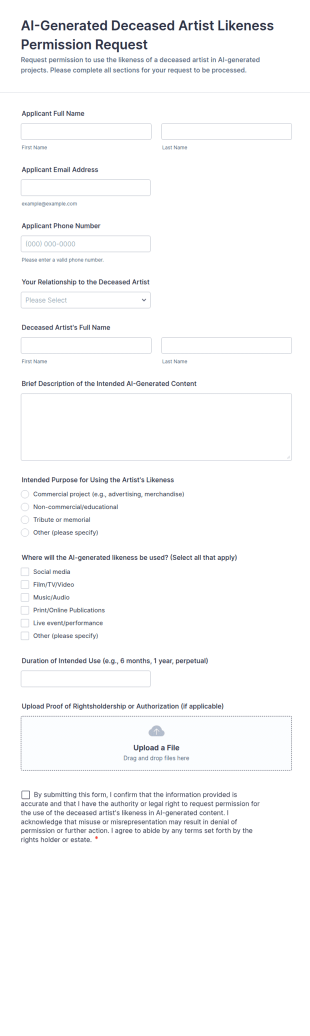 AI Generated Deceased Artist Likeness Permission Request Form Template