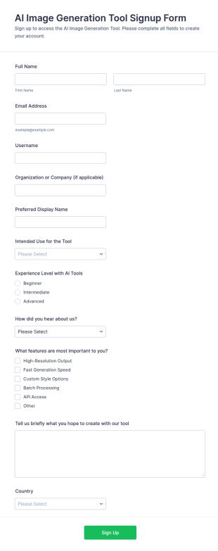 AI Image Generation Tool Signup Form Template