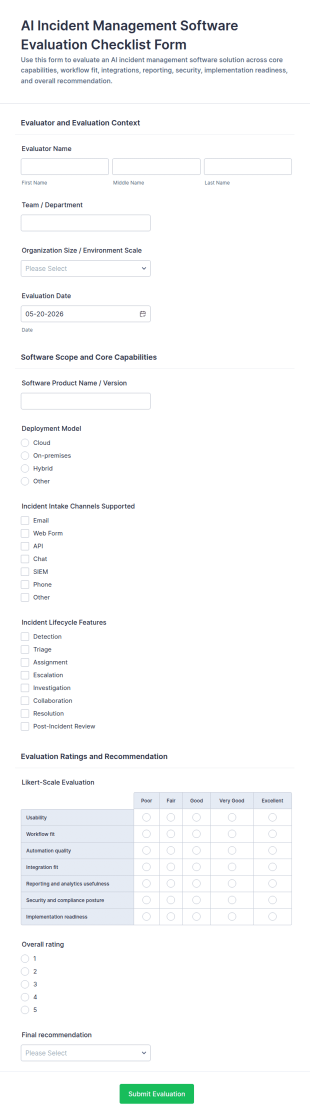 AI Incident Management Software Evaluation Checklist Form Template