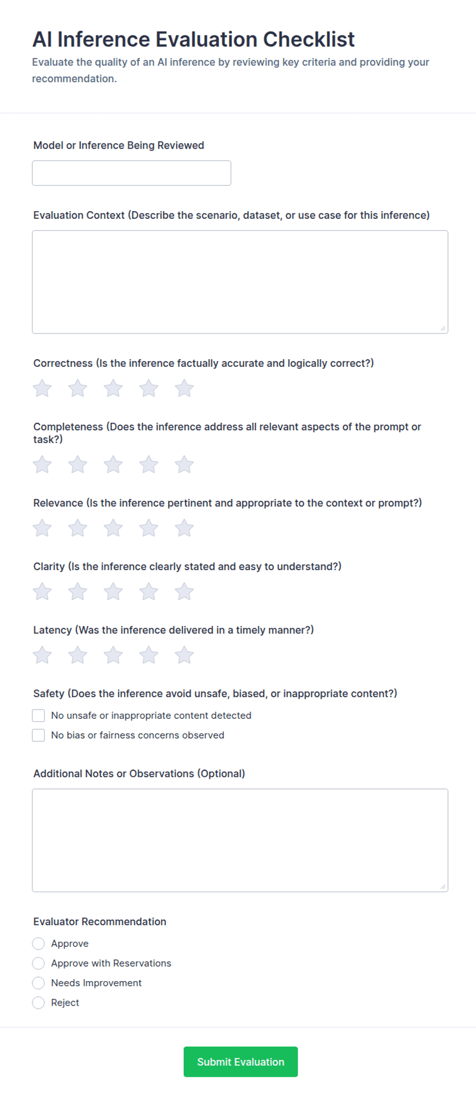 AI Inference Evaluation Checklist Form Template | Jotform