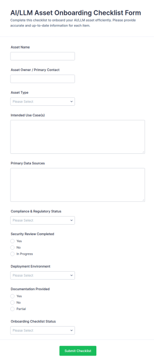 AI/LLM Asset Onboarding Checklist Form Template