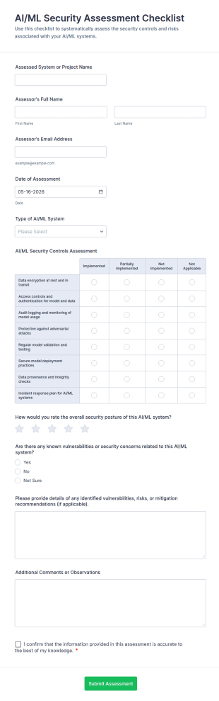AI/ML Security Assessment Checklist Form Template