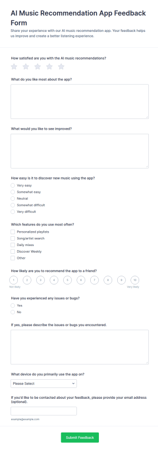 AI Music Recommendation App Feedback Form Template