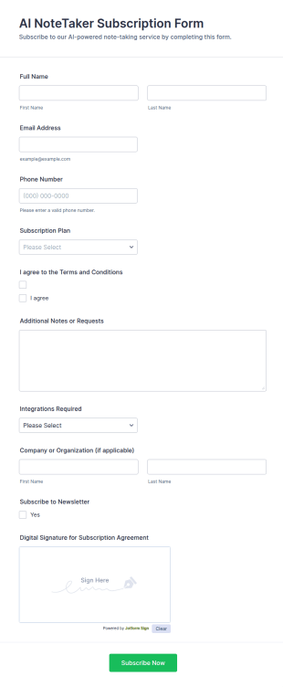 AI NoteTaker Subscription Form Template