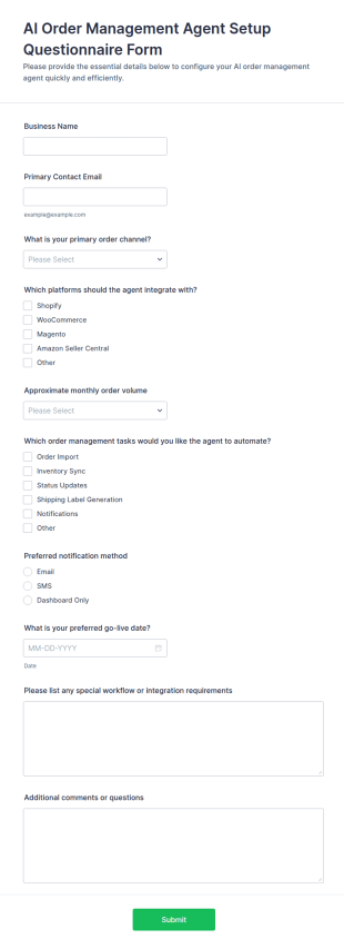 AI Order Management Agent Setup Questionnaire Form Template