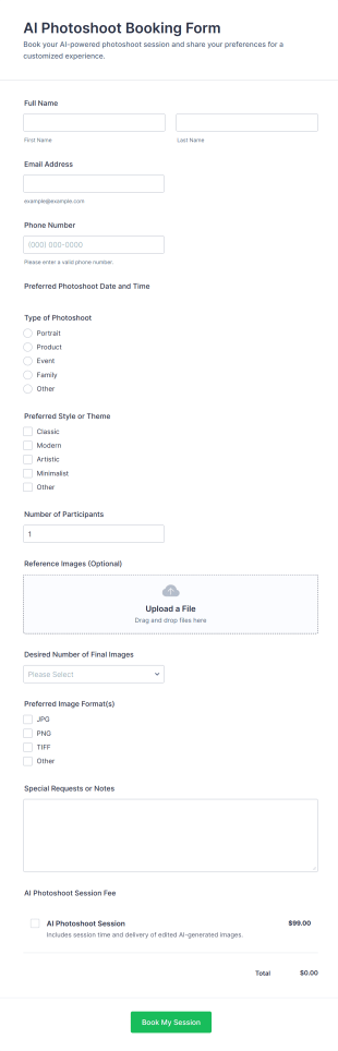 AI Photoshoot Booking Form Template