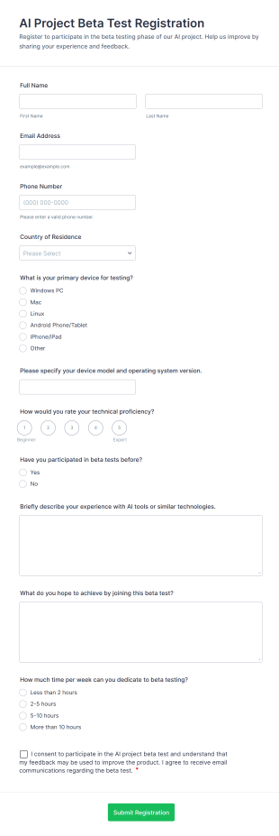AI Project Beta Test Registration Form Template