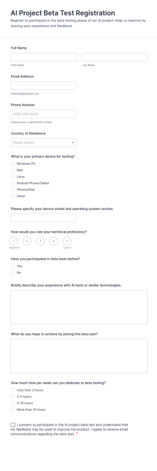 AI Project Beta Test Registration Form Template